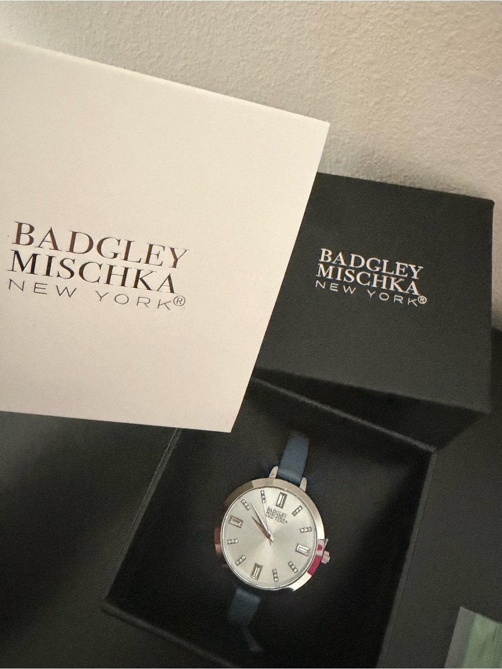 Badgley Mischka Silver Dial Watch with Blue Strap